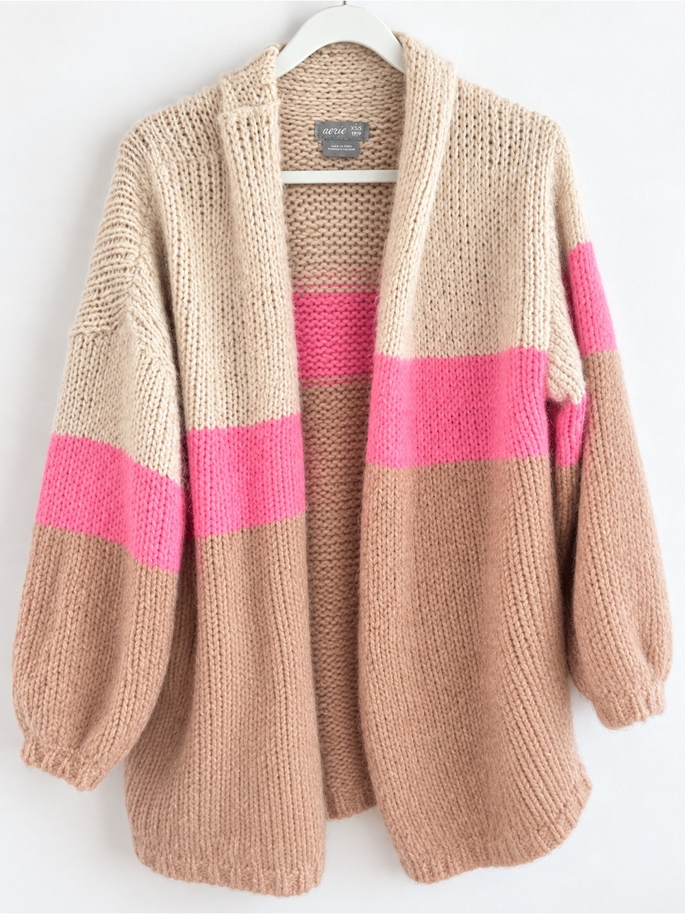 Aerie Chunky Knit Colorblock Open Front Cardigan Pink Tan XS/S
